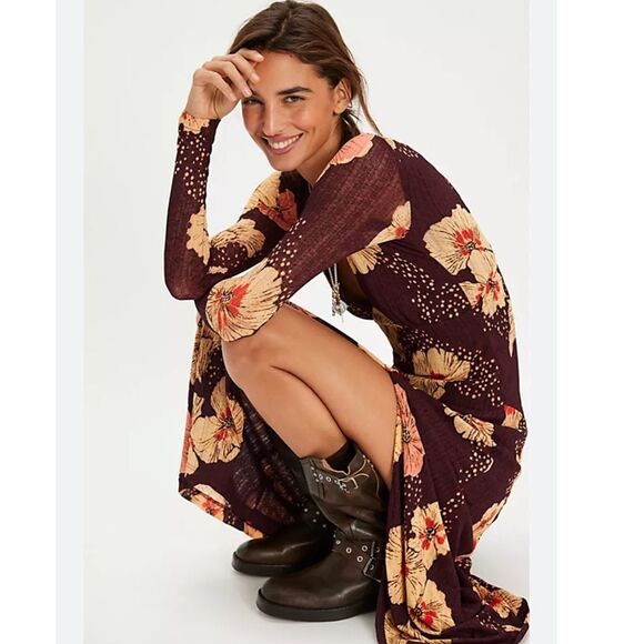 Free People Calla Floral Long Sleeved Knit Midi Dress New! - Picture 3 of 14